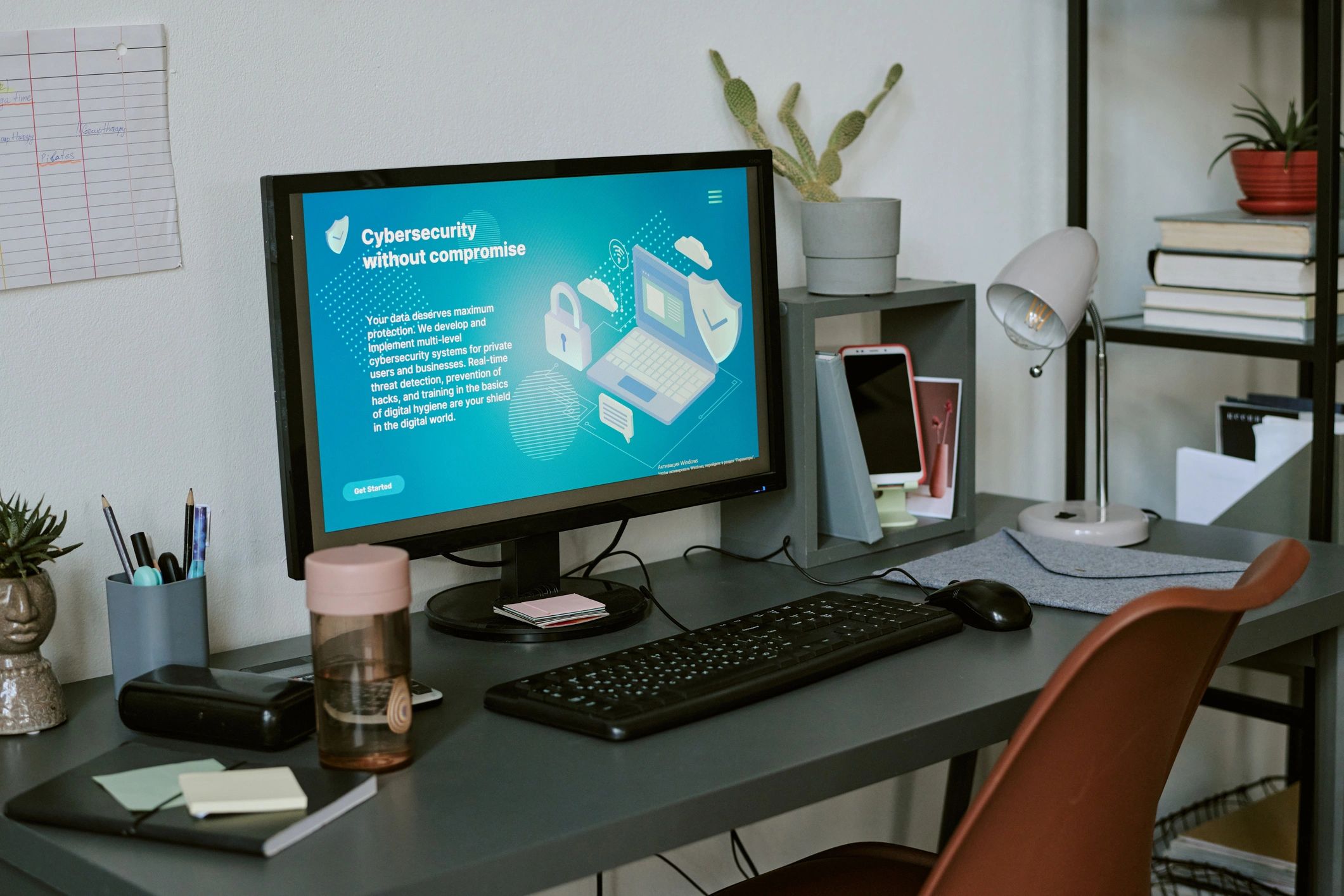 Office monitor showing cybersecurity dashboard
